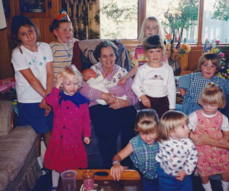 Sam & Olga's daughter Agnes, with her great-grandchildren, on her 80th birthday in 1997.