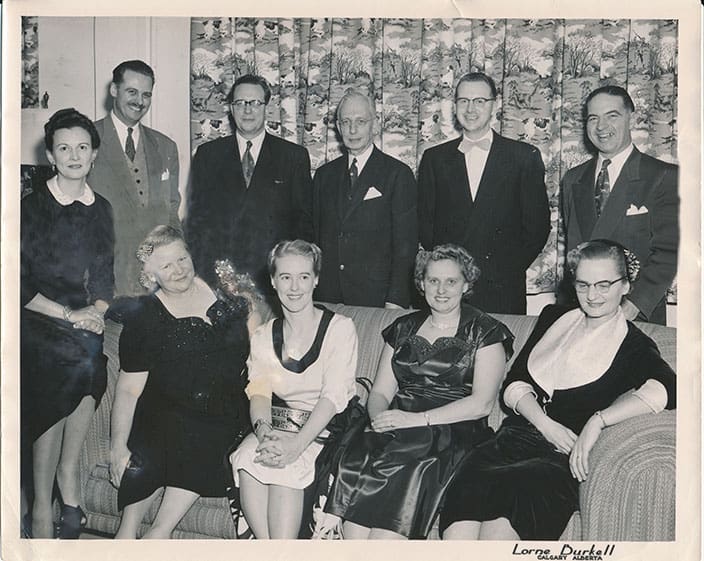 A family gathering, early 1950s. L-R Nola (Carl's first wife), Sam Jr., Carl, Sam Sr., Howard (Olga Jr.'s first husband) and Wes (Agnes' husband). Seated Olga, Rosemary (Sam Jr.'s wife), Agnes, and Olga Jr.