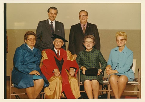 SCN Sr., on receiving an honourary PhD from the University of Calgary in 1970. In addition to his children he is accompanied by his second wife, Catherine.